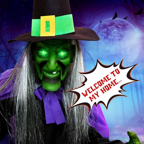 12 Ft Green Purple Black Animated Hovering Witch Halloween Decoration - Outdoor Outdoor Decorations