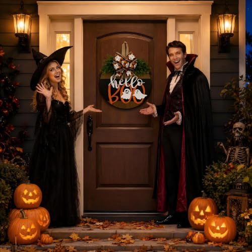 Halloween Ghost Wreath with Bow Decor - Fall Front Door Welcome