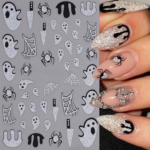 Halloween Bat Nail Art Stickers Decals - 3D Spider Web Pumpkin Ghost Designs for DIY Nails