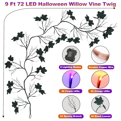 9 FT Halloween Vine Twig Garland with LED Lights and Black Leaves for Indoor Outdoor Decor