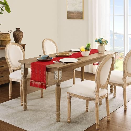 Christmas Table Runner 12 x 108 Inches Red Tassel Rustic Cotton Linen Holiday Decor