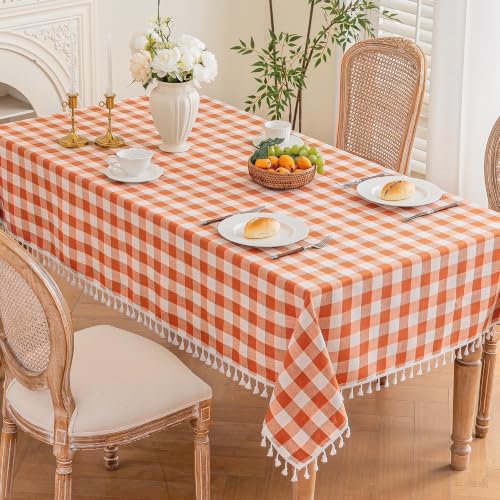 Orange Gingham Rectangular Tablecloth 55x120 Inch Cotton Linen Farmhouse Decor - Variation: Orange / 120" x 55"