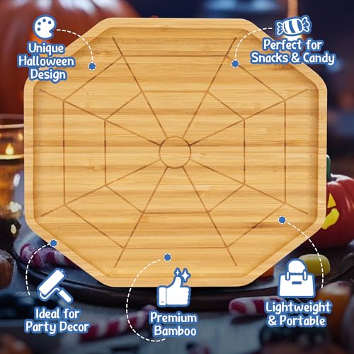 Octagon Bamboo Serving Tray with Spider Web Design - Halloween Snack Platter, 10x9 inches