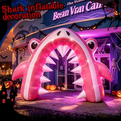 Pink Halloween Shark Inflatable Archway - 13FT Yard Lawn Decor with LED Lights