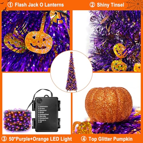 Halloween Black Tinsel Tree with Orange & Purple String Lights - 5 Ft Decor