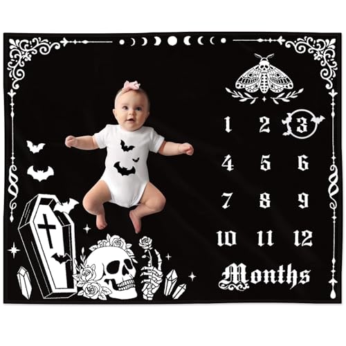 Baby Milestone Blanket with Felt Decorations - Gothic Skull & Bats, Fleece, 50x40 Inches