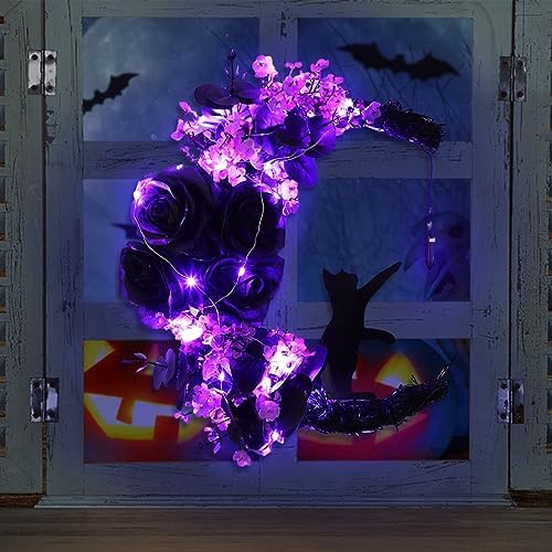 Halloween Wreath Decorations - Black Cat Half Moon Wreath with Lights - Purple Rose Variation