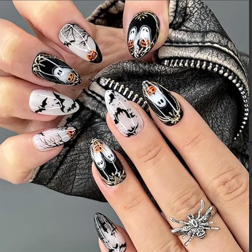 Halloween Ghost Press On Nails - Medium Almond Fake Nails with Bat Pumpkin Glitter Design - Variation H78