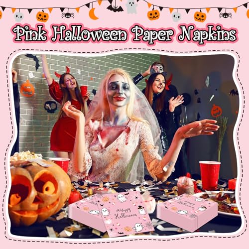 Pink Halloween Paper Napkins 100 Pack - Ghost & Spooky Design for Parties