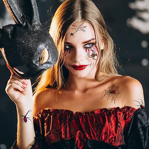 Halloween Spider Web Temporary Tattoos - 10 Sheets with Realistic Spider Designs - Waterproof & Easy to Remove - Spider Variation