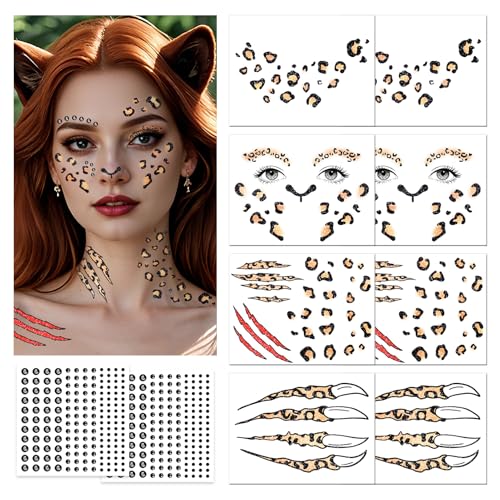 Halloween Leopard Face Paint Tattoos & Black Face Gems - Variation of Leopard Face Tattoos