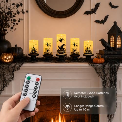 Halloween Flameless LED Pillar Candles with Remote Timer - 5 Pack