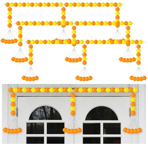 Artificial Marigold Garland for Diwali & Wedding Decor - Orange Yellow 3 Pack, 4.92 Feet Long
