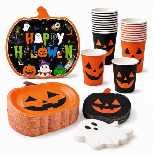 Halloween Party Supplies Set - Pumpkin Plates Cups Napkins for Costumes & Celebrations