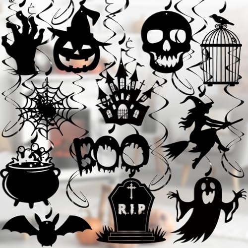 Halloween Hanging Swirls - Black Spooky Ghost Claw Bat Pumpkin Decor 30Pcs - Halloween Black Variation