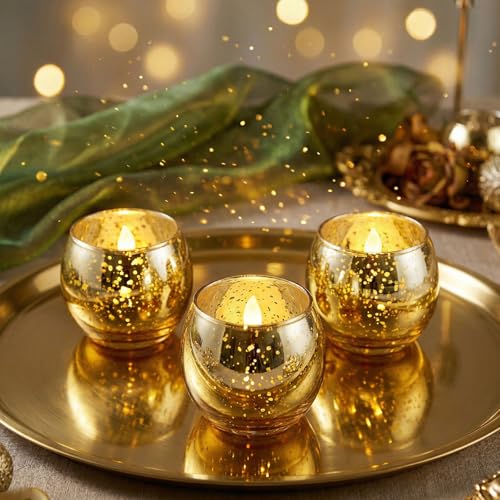 Set of 14 Gold Speckled Mercury Glass Votive Candle Holders with LED Tea Lights for Weddings & Events