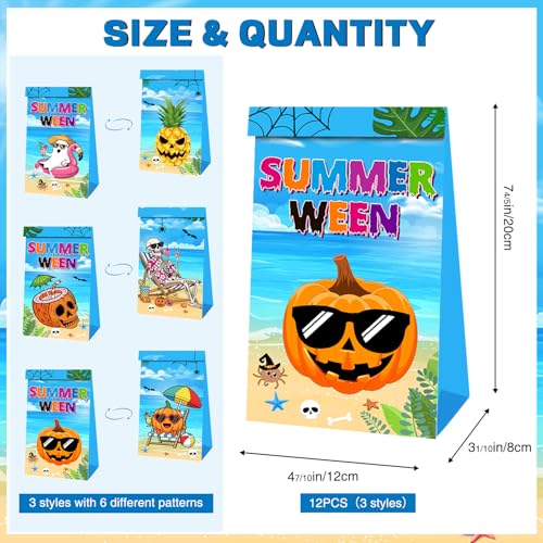 Summerween Party Gift Bags - 12 Pack Halloween & Summer Theme Paper Bags