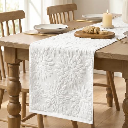 White Cotton 3D Jacquard Dahlia Floral Table Runner 13x72 Inch - Home Decor