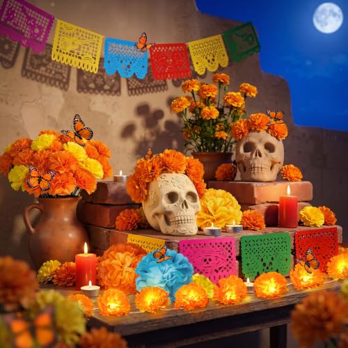 Dia de Los Muertos Decor Set with Marigold Garland Banners Flowers & Butterflies