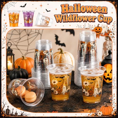 Halloween Plastic Cups 12 oz - Ghost Bats Floral Party Supplies - 100 Pack