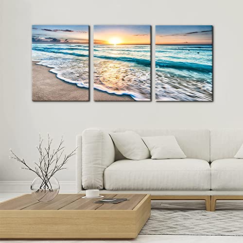 Beach Canvas Wall Art Set - 3 Panels Seascape Sunset Coastal Decor - 12x16 Inches Each - Ready to Hang