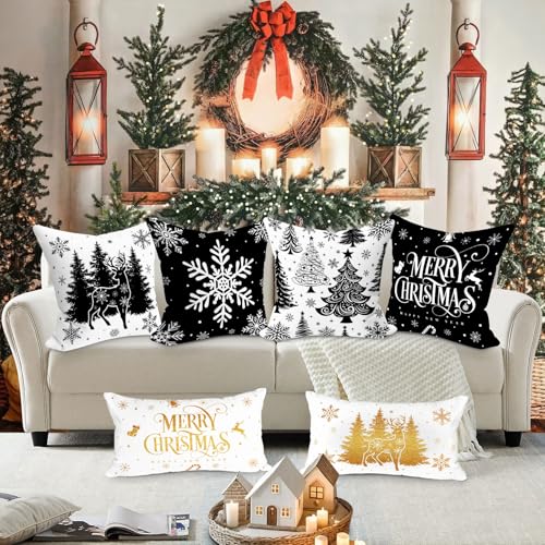Black Christmas Pillow Covers Set of 4 24x24 Holiday Cushion Cases Winter Decor
