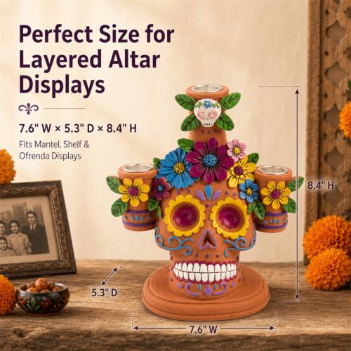 Day of The Dead Taper Candle Holder - Ofrenda Decorations for Altar - Orange