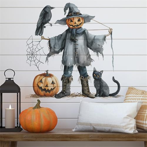 Halloween Wall Stickers Set - Pumpkin, Scarecrow, Black Cat & Spider Decals for Festive Decor