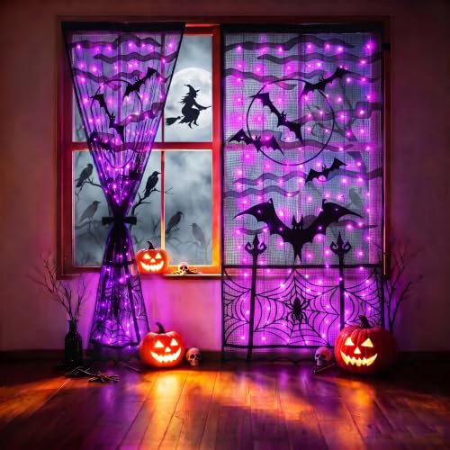 Halloween Door Cover Lights - Purple Bat Design, 6.5x3.2ft with 140 LEDs & 8 Lighting Modes