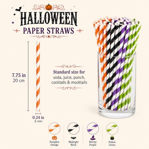 Halloween Paper Straws Pack - 100 Striped Party Drink Stirrers for Fall Events - Orange, Purple, Black & Green