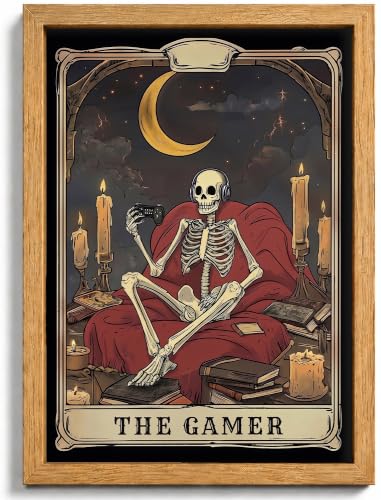 Gamer Tarot Wall Art - Framed Skeleton Gaming Decor, 16 x 12 Inches