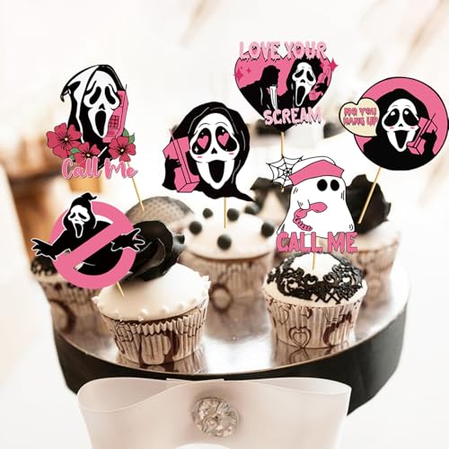 Pink Ghost Cupcake Toppers - Halloween Cake Decorations, Horror Party Supplies, 24 Pcs