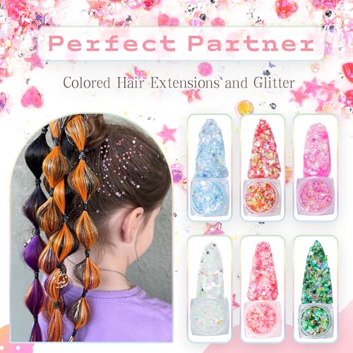Colored Hair Extensions 22 Inch Straight Clip-In Body Face Hair Glitter Rainbow Orange Variation