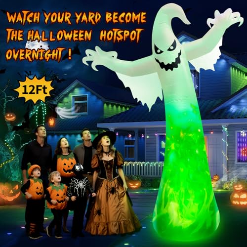 12FT Giant Halloween Inflatable Ghost with 3-Color Rotating Flame LED Lights