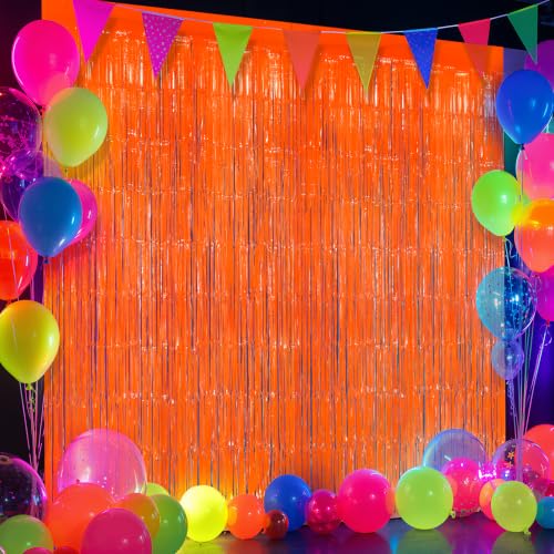 3.3ft x 6.6ft Orange Glow Party Fringe Curtain 2pcs UV Neon Foil Backdrop