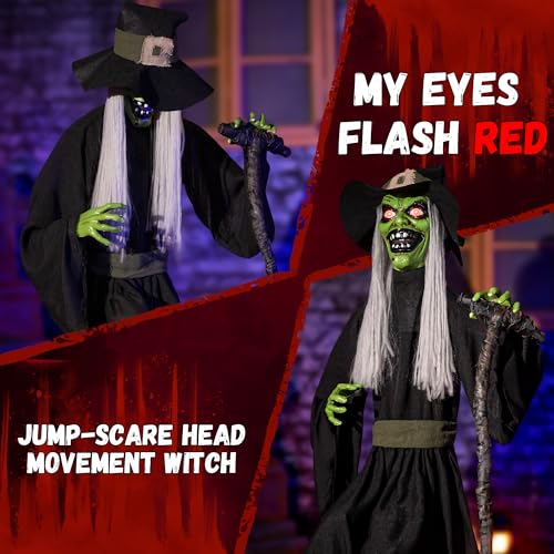 Jump-Scare Witch Halloween Animatronic Decoration - Sound Activated, Red Eyes, Spooky Indoor/Outdoor Prop - Variation of THIS listing