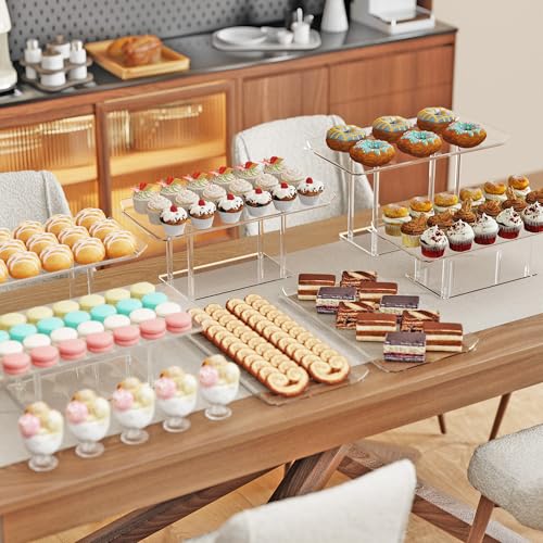 6 Pack Acrylic Dessert Display Set - Clear Cake Stands & Trays for Wedding & Party