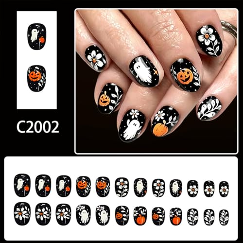 Halloween Press On Nails Short Almond Fake Nails with Ghost Pumpkin Flower Design - Variation 245