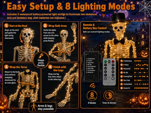 Halloween Skeleton Decorations Set with 2 Life-Size Skeletons & Dog - Weather-Resistant, Fully Poseable, with Lighting Modes