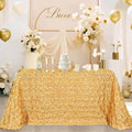 90x156 Inch Light Gold Satin Rosette Tablecloth - 3D Floral Wedding Cover