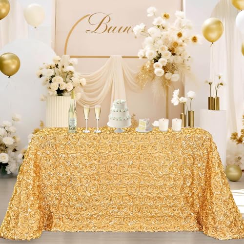90x156 Inch Light Gold Satin Rosette Tablecloth - 3D Floral Wedding Cover