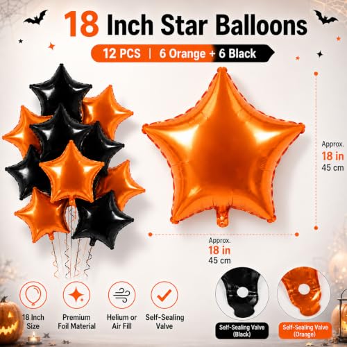 Halloween Star Foil Balloons Set - 18 Inch Orange & Black Party Decorations