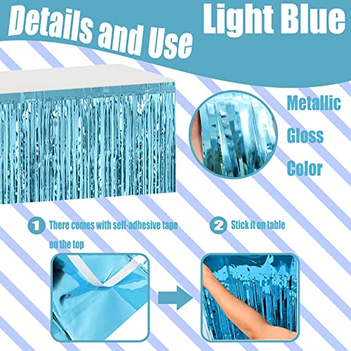 Light Blue Metallic Foil Fringe Table Skirts 29x108 Inch for Party Decor - 4 Pack