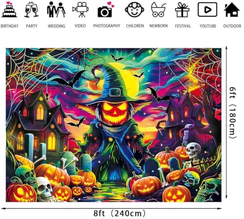 Halloween Pumpkin Photography Backdrop 8x6FT Colorful Spooky Moon Skull Graveyard Scene with Variation 96x72