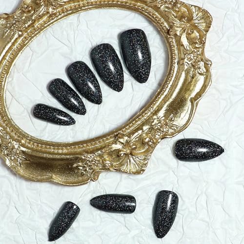 Press On Nails - Medium Stiletto Fake Nails with Goth Black Glitter Design, 24 pcs - Variation 06906Black