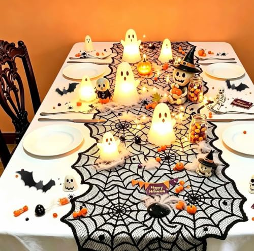 Halloween Table Runner with Black Lace Spider Web and 3D Bats - Festive Dining Decor