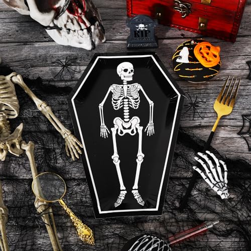 Skeleton Coffin Halloween Paper Plates 40 Pack - Black & White 10 Inch Disposable Tableware - Skeleton Coffin Variation