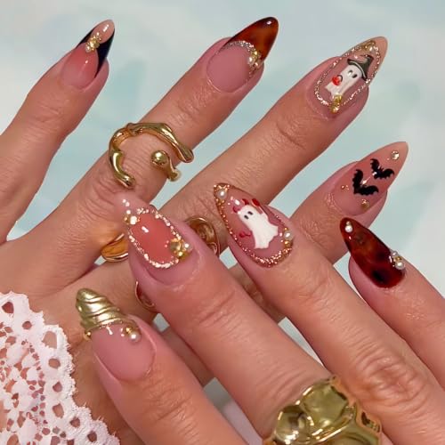 Halloween Ghost Bat Fake Nails - Medium Almond Press On Nails with Leopard Print & 3D Ghost Design