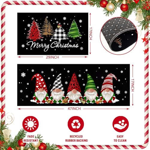 Black Christmas Kitchen Rugs Set of 2 - Festive Gnome & Buffalo Plaid Decor