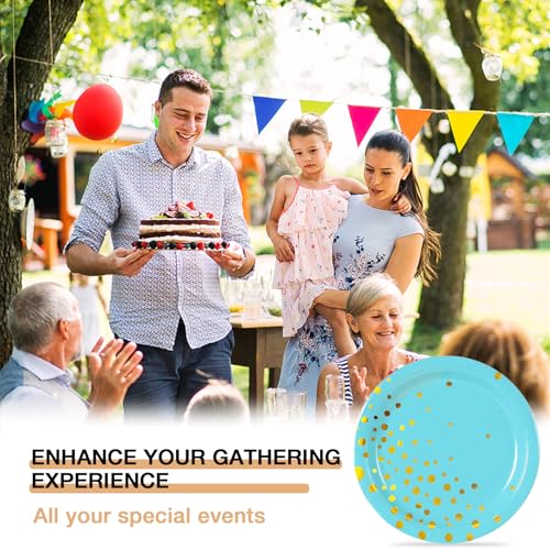 Blue Gold Paper Plates for Party 7-Inch Disposables with Gold Dot Design - 50pcs Blue Light Variation